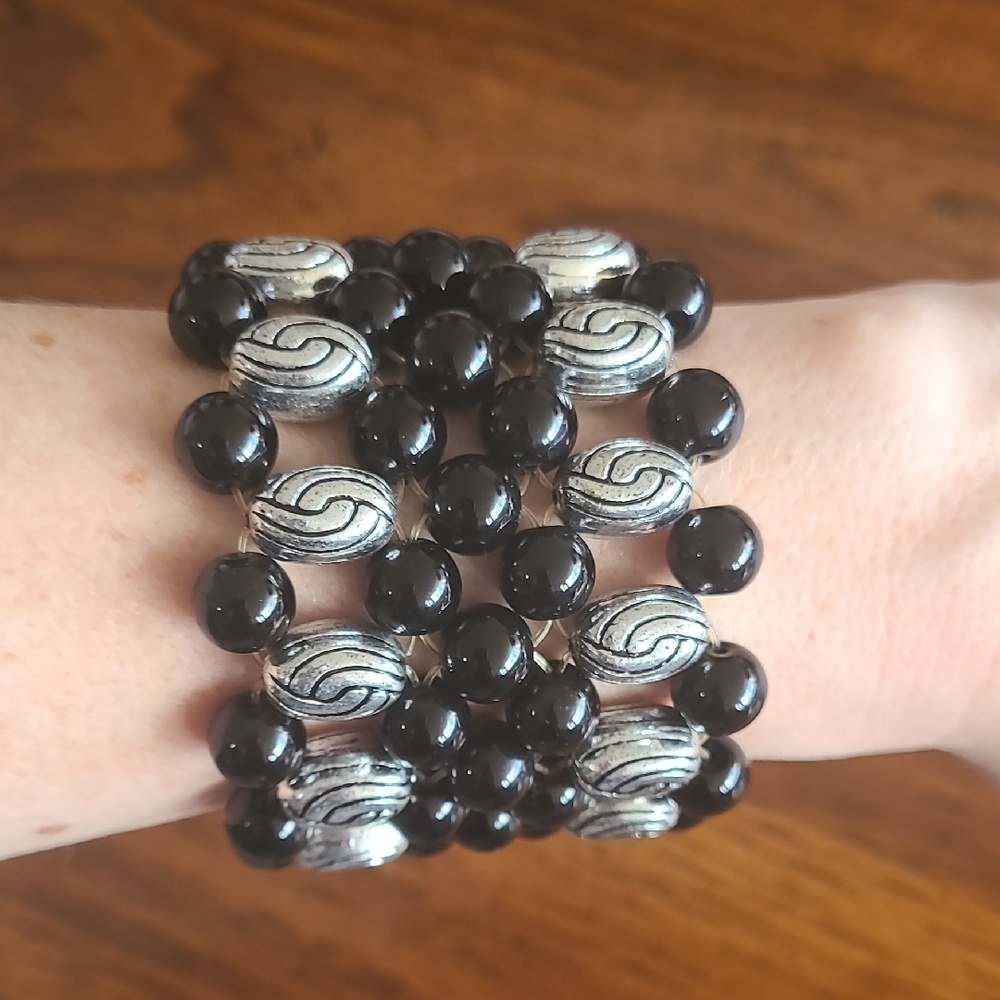 Heavy Stretchy Black and Silver Spiral Cuff Bracelet